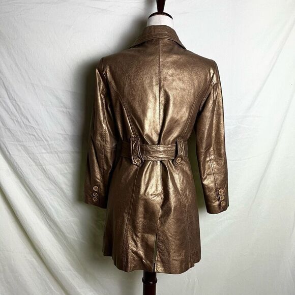 Vintage Y2K Gold Leather Short Trench Coat Belted Jacket Button Down Small - Picture 3 of 9